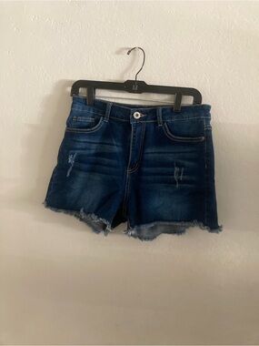 Dark Blue Frayed Hem Denim Shorts for Women